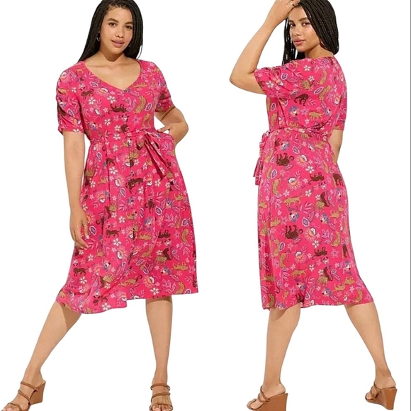 Torrid Midi Rayon Slub Button Front Tie Dress Leopard Pink 2X - Picture 1 of 15